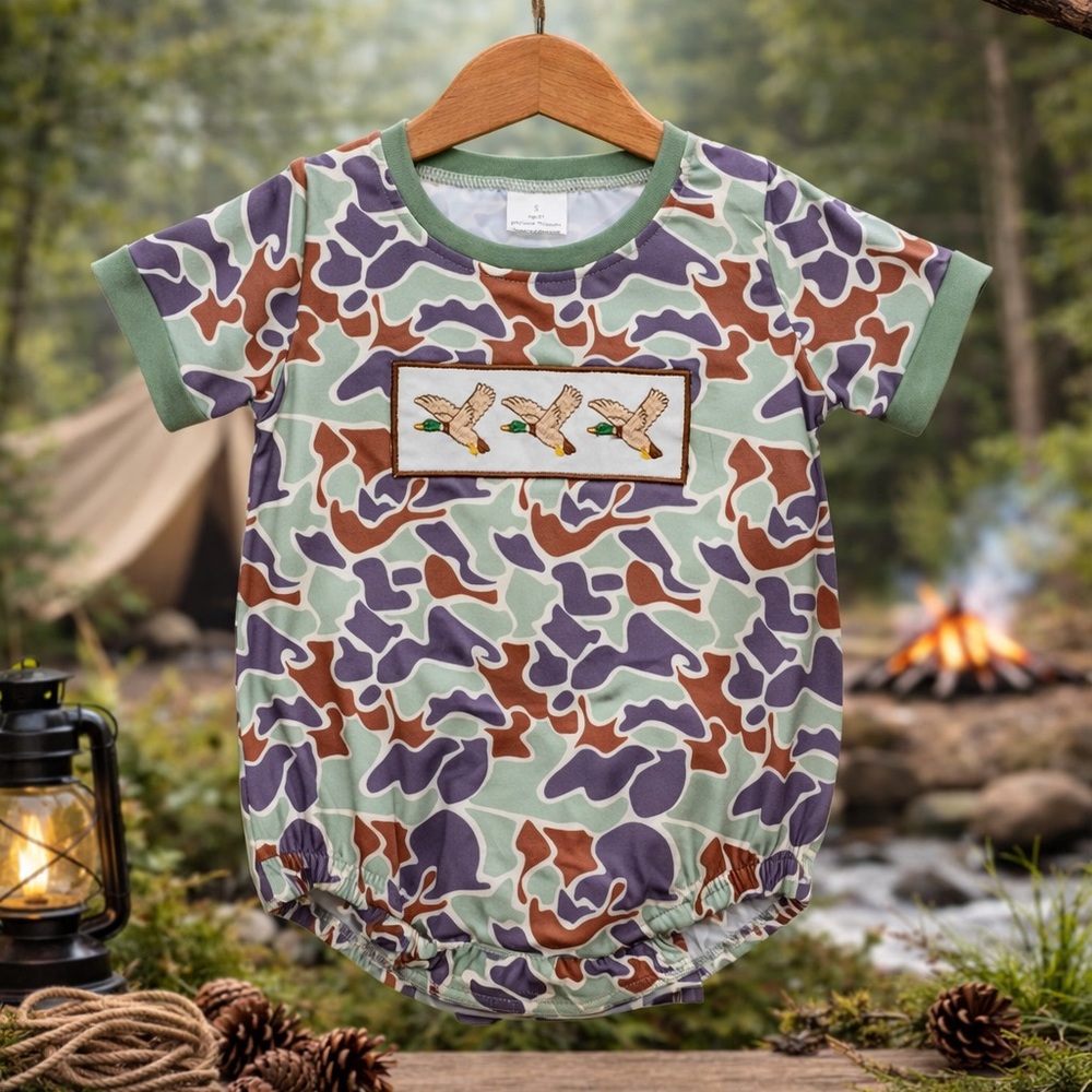 Green Camo Duck Appliqué Short Sleeve Baby Romper